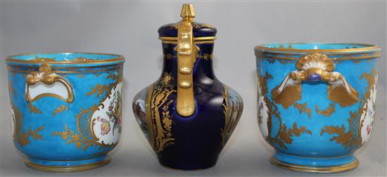 Two Sevres style porcelain wine coolers and a coffee pot and cover, 19th century, 16.5cm, 16cm, damage to coffee pot